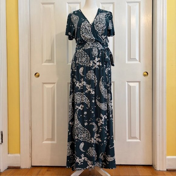 Patrons of Peace Teal Paisley Faux Wrap Maxi Dress w/Split Flutter Sleeves Sz L - Picture 1 of 13